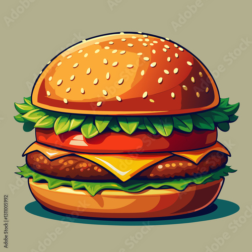 Vector cheeseburger with lettuce crisp green lettuce, juicy red tomato slices, melted yellow cheese, and a thick beef patty with grill marks (1