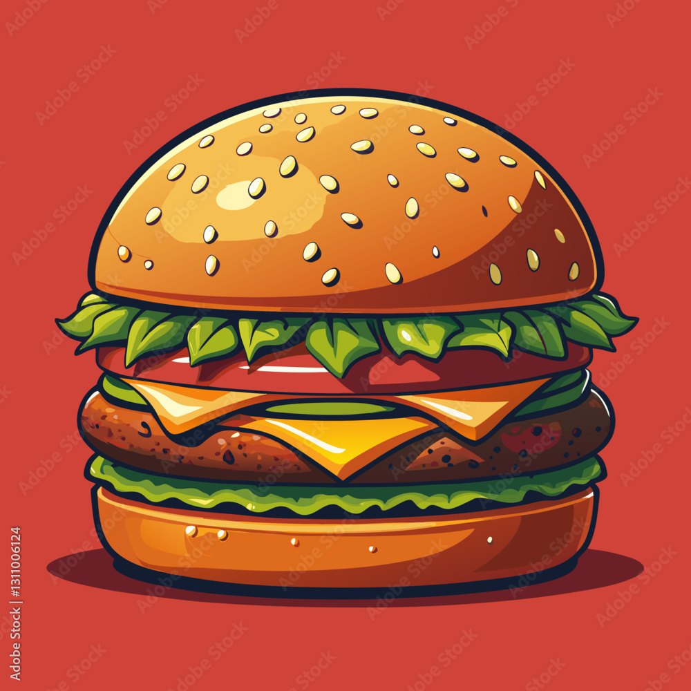 Vector cheeseburger with lettuce crisp green lettuce, juicy red tomato slices, melted yellow cheese, and a thick beef patty with grill marks (1 Vector cheeseburger with lettuce crisp green lettuce, juicy red tomato slices, melted yellow cheese, and a thick beef patty with grill marks (1