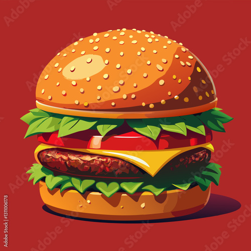 Vector cheeseburger with lettuce crisp green lettuce, juicy red tomato slices, melted yellow cheese, and a thick beef patty with grill marks (1