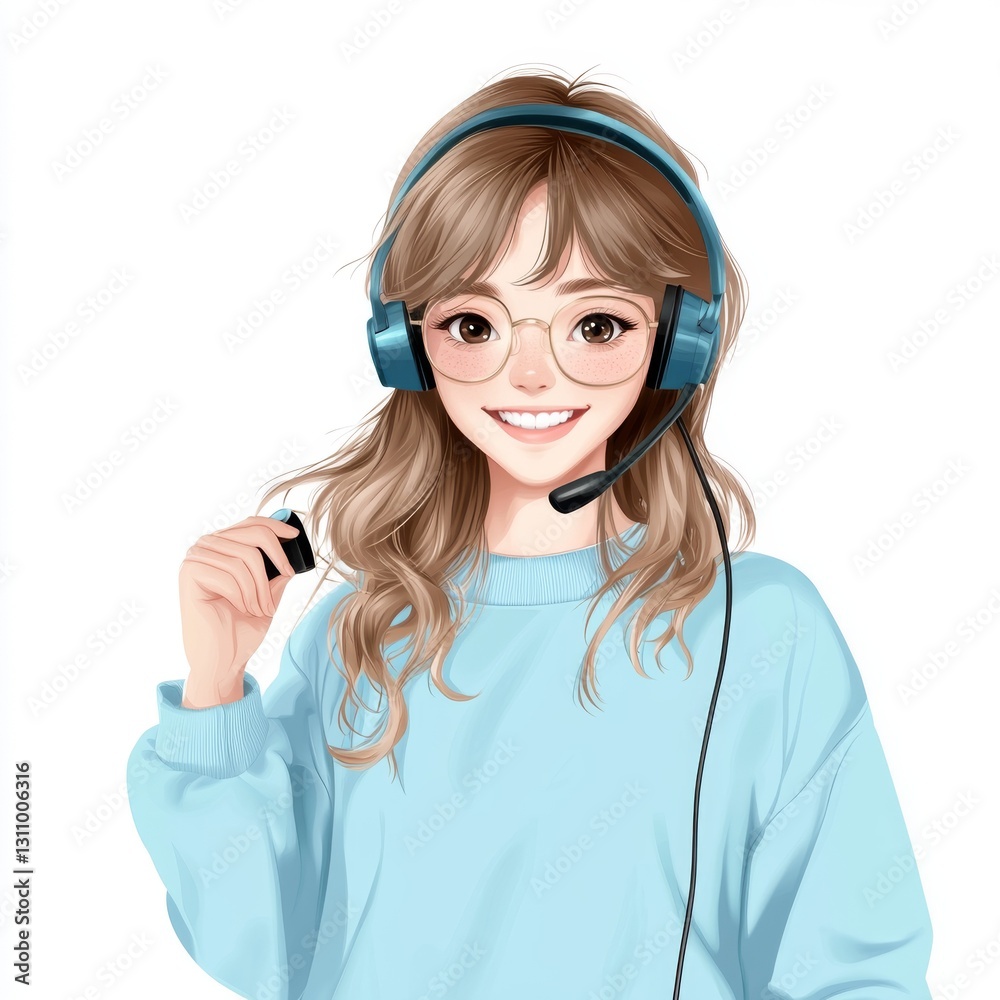 Woman in headphones, smiling, light blue sweater, studio shot Woman in headphones, smiling, light blue sweater, studio shot