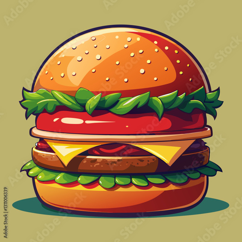 Vector cheeseburger with lettuce crisp green lettuce, juicy red tomato slices, melted yellow cheese, and a thick beef patty with grill marks (1