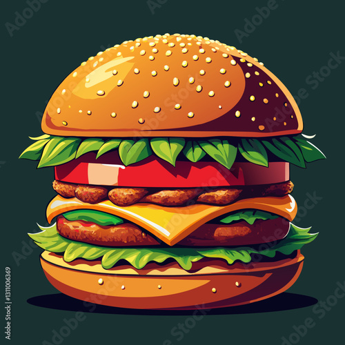 Vector cheeseburger with lettuce crisp green lettuce, juicy red tomato slices, melted yellow cheese, and a thick beef patty with grill marks (1