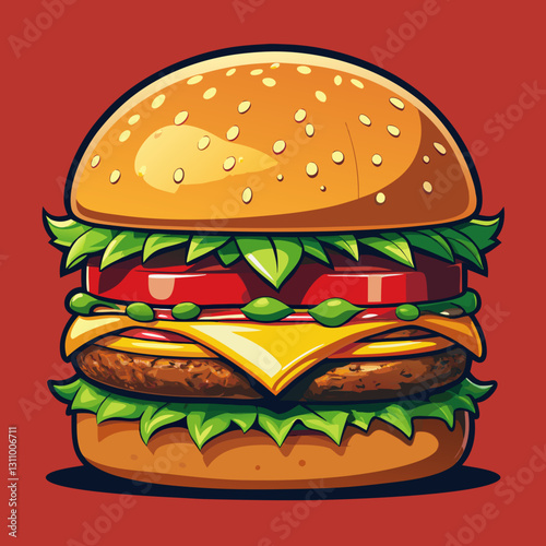 Vector cheeseburger with lettuce crisp green lettuce, juicy red tomato slices, melted yellow cheese, and a thick beef patty with grill marks (1