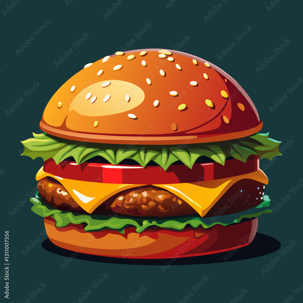 Vector cheeseburger with lettuce crisp green lettuce, juicy red tomato slices, melted yellow cheese, and a thick beef patty with grill marks (1 Vector cheeseburger with lettuce crisp green lettuce, juicy red tomato slices, melted yellow cheese, and a thick beef patty with grill marks (1