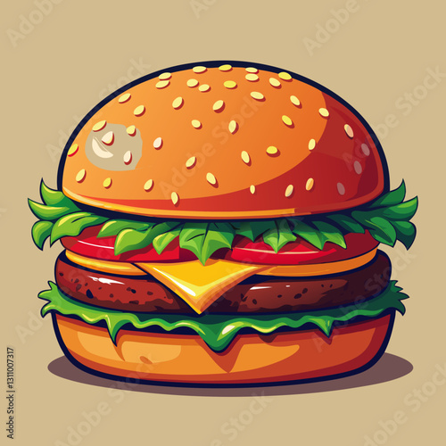 Vector cheeseburger with lettuce crisp green lettuce, juicy red tomato slices, melted yellow cheese, and a thick beef patty with grill marks (1