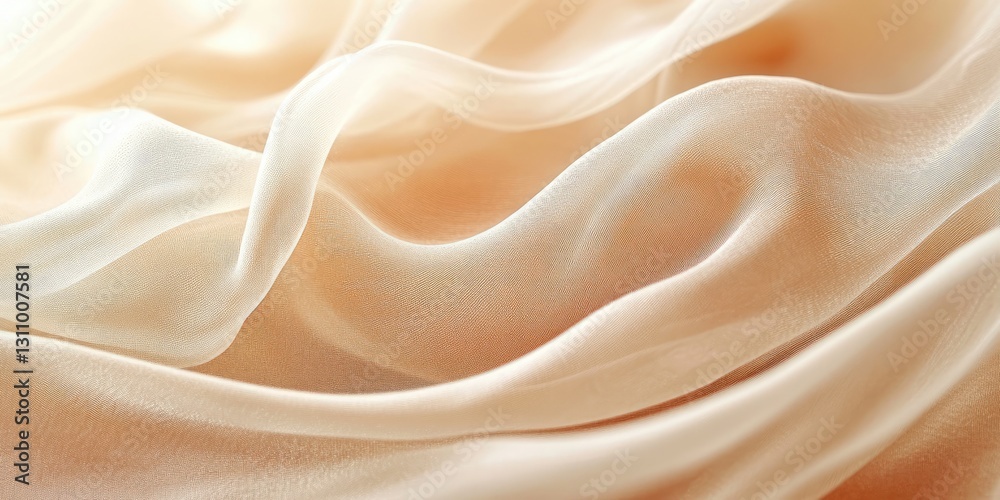 Soft beige silk fabric drapes elegantly in gentle folds, showcasing its delicate texture and sheen under natural light Soft beige silk fabric drapes elegantly in gentle folds, showcasing its delicate texture and sheen under natural light
