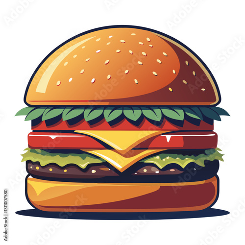 Vector cheeseburger with lettuce crisp green lettuce, juicy red tomato slices, melted yellow cheese, and a thick beef patty with grill marks (1
