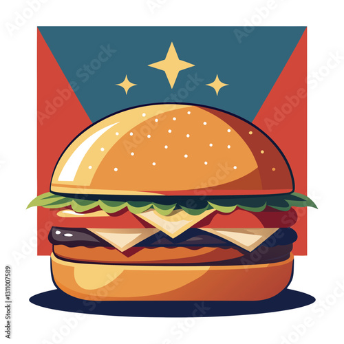 Vector cheeseburger with lettuce crisp green lettuce, juicy red tomato slices, melted yellow cheese, and a thick beef patty with grill marks (1