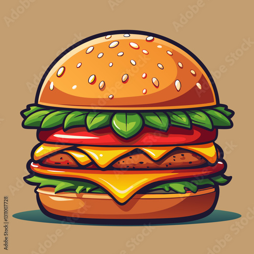 Vector cheeseburger with lettuce crisp green lettuce, juicy red tomato slices, melted yellow cheese, and a thick beef patty with grill marks (1