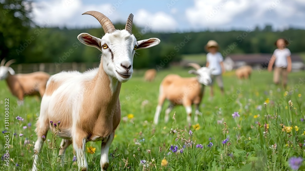A goat stands in a vibrant green field with wildflowers, surrounded by other goats and people in the background. Concept Goat in Vibrant Field, Wildflowers Surrounding, Goats and People A goat stands in a vibrant green field with wildflowers, surrounded by other goats and people in the background. Concept Goat in Vibrant Field, Wildflowers Surrounding, Goats and People