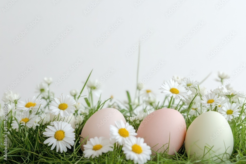 A balanced and aesthetic Easter arrangement, soft-hued eggs nestled in fresh green grass with white daisies, crisp white background A balanced and aesthetic Easter arrangement, soft-hued eggs nestled in fresh green grass with white daisies, crisp white background