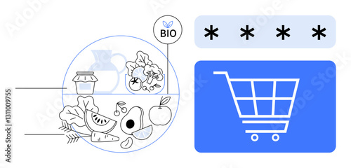 Fresh organic fruits, vegetables, jar, and pitcher highlighted beside a blue shopping cart and secure password entry. Ideal for e-commerce, healthy living, online shopping, sustainability, security