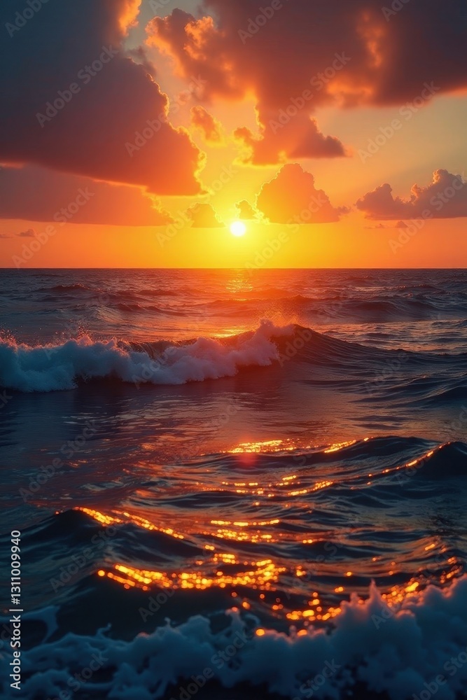 Stunning ocean sunset, rich golden light illuminates waves , waves, gold Stunning ocean sunset, rich golden light illuminates waves , waves, gold