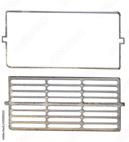 Old street iron drainage grate cover and frame for it is isolated.