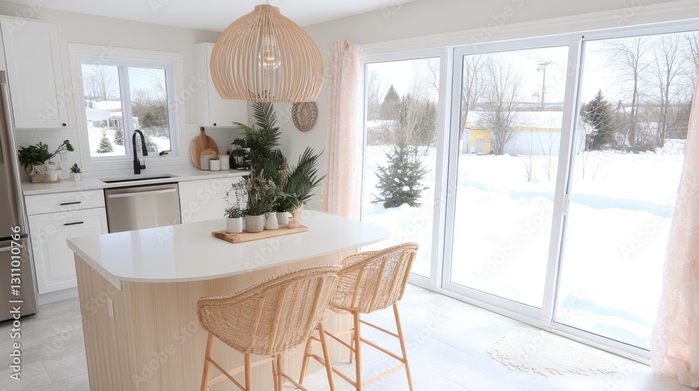 Fototapeta premium Modern Kitchen Renovation White Cabinets Quartz Countertops Island