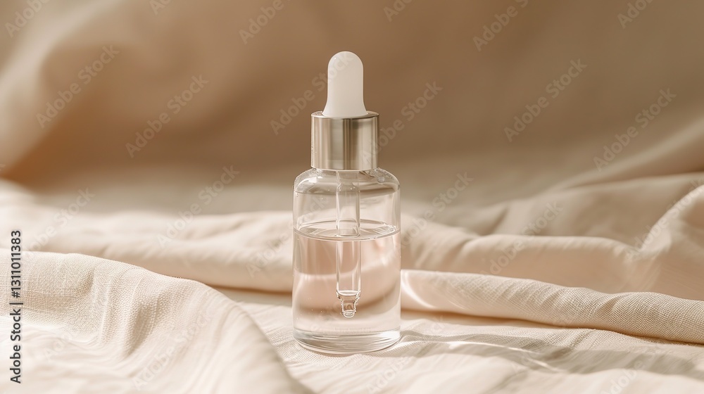 Naklejka premium Small elegant glass bottle with dropper containing clear liquid on neutral fabric, minimalist design with label-free simplicity, conveying calm and safety, ample copy space for text or design.