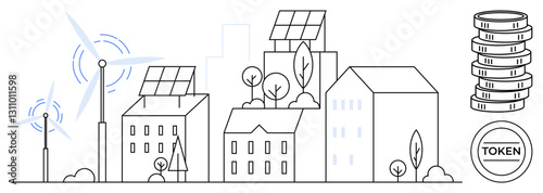 Urban cityscape featuring buildings with solar panels, wind turbines, and stacked tokens symbolizing green energy economy. Ideal for renewable energy, smart cities, eco-economy, sustainability, green