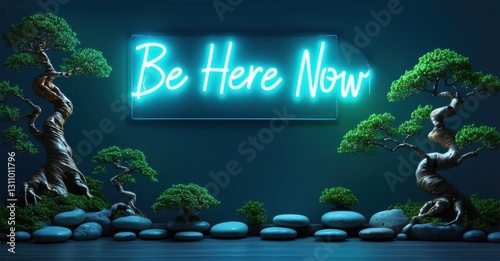 Neon sign be here now electric indigo pastel jade floating serene zen garden softly reflecting smooth river stones bonsai trees