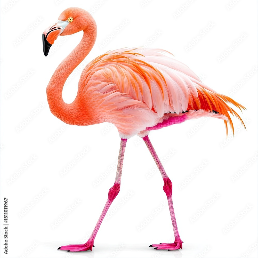 Fototapeta premium Flamingo stands gracefully on one leg at a tropical habitat showcasing vibrant feathers and elegant posture in natural light