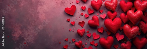 Deep red hearts scattered on textured background,  illustration,  wallpaper