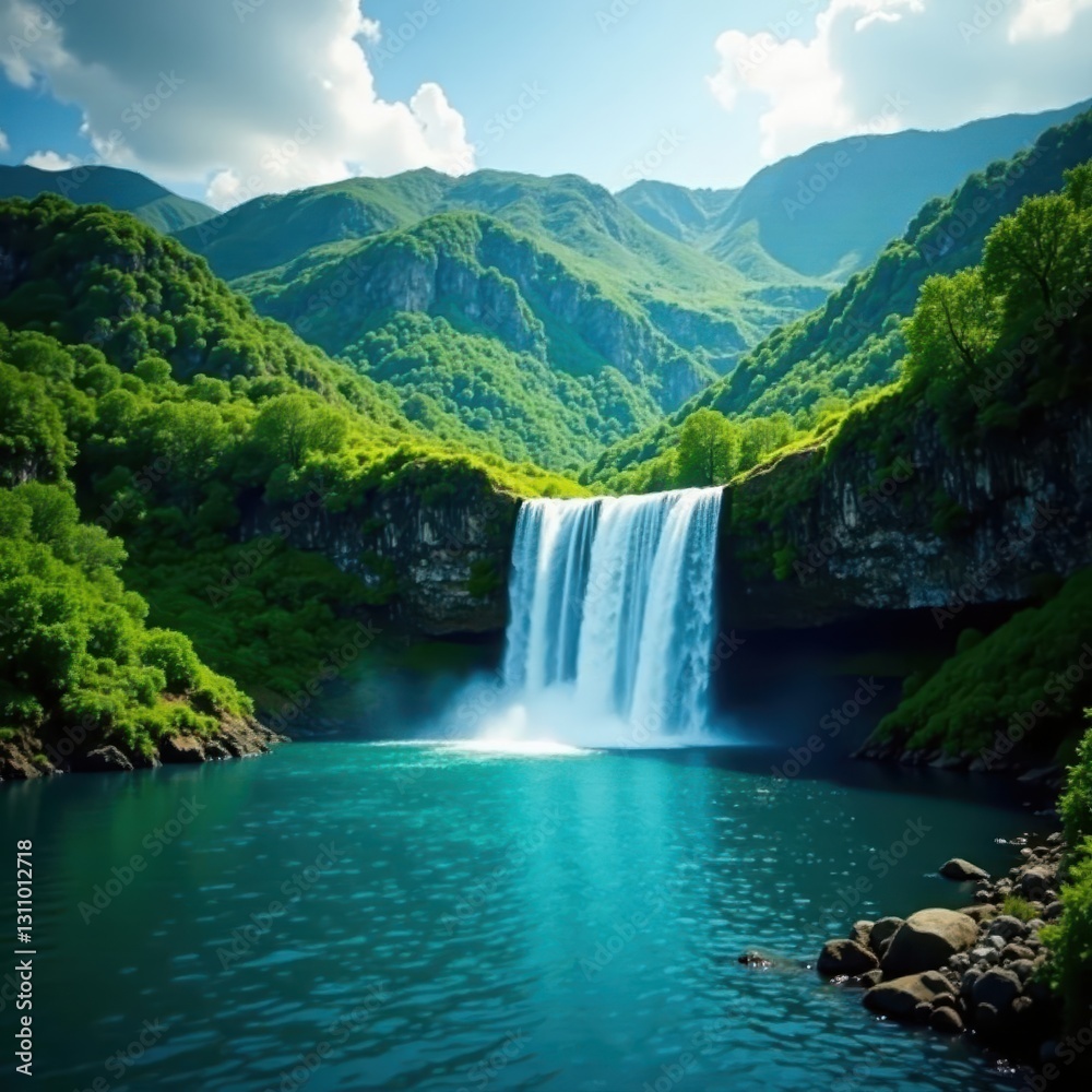Fototapeta premium Majestic waterfall cascading into pristine lake, lush green hills, green, sky, amazing