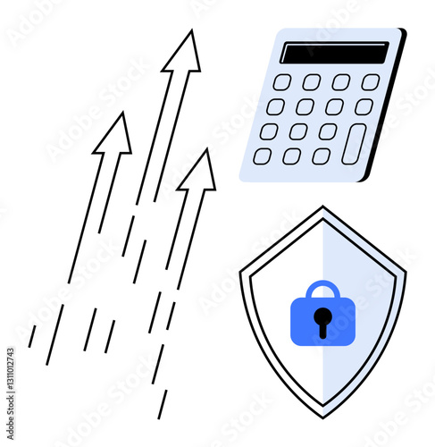 Calculator above three ascending arrows and shield with lock symbol. Ideal for business growth, financial planning, economic success, data security, financial protection, investment strategies