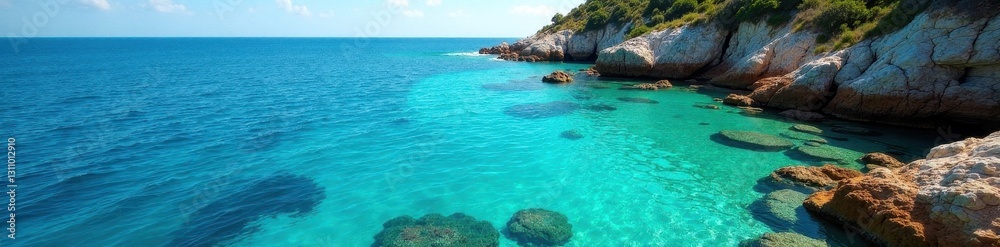 Fototapeta premium Secluded cove, crystal clear water, vibrant coral reef visible below , island, ocean