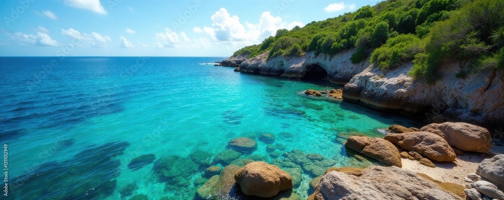 Fototapeta premium Secluded cove, vibrant coral reef visible from shore, sky, vibrant, turquoise water