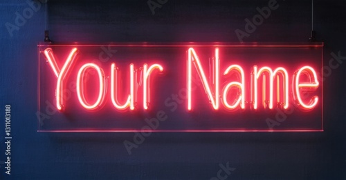 Neon sign your name building deep navy fiery red glowing inside executive office softly illuminating skyline view of city photo