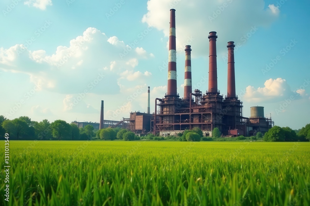 Rusting red chimneys dominate a verdant field, showcasing an old industrial complex , industry, building, vintage Rusting red chimneys dominate a verdant field, showcasing an old industrial complex , industry, building, vintage