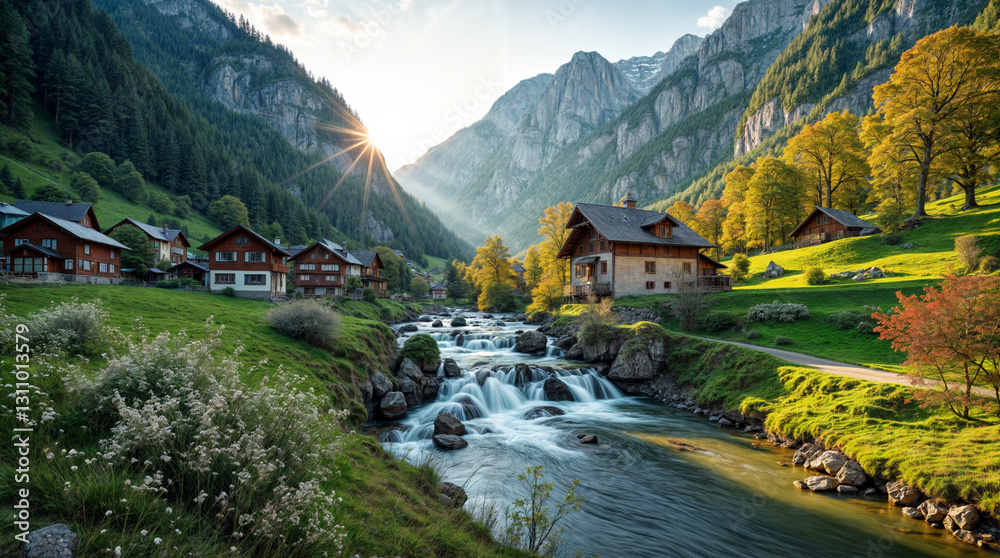 Naklejka premium A river flows through a valley with a house on the right bank