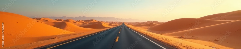 Fototapeta premium Endless asphalt ribbon cuts through desolate dunes, mirage shimmering, heat, wild, sun