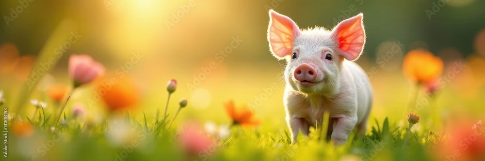 Fototapeta premium Smiling piglet in a sun-drenched flower meadow , image, nature