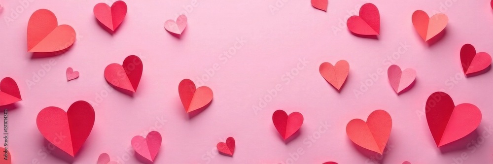 Pink backdrop strewn with handcrafted paper hearts; close-up, macro, background Pink backdrop strewn with handcrafted paper hearts; close-up, macro, background