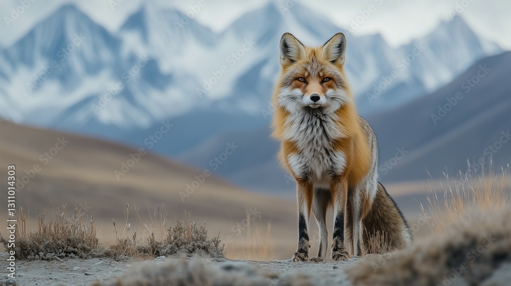 Obraz premium A red fox stands proudly on a grassy plain with snow-capped mountains in the background, showcasing wilderness beauty