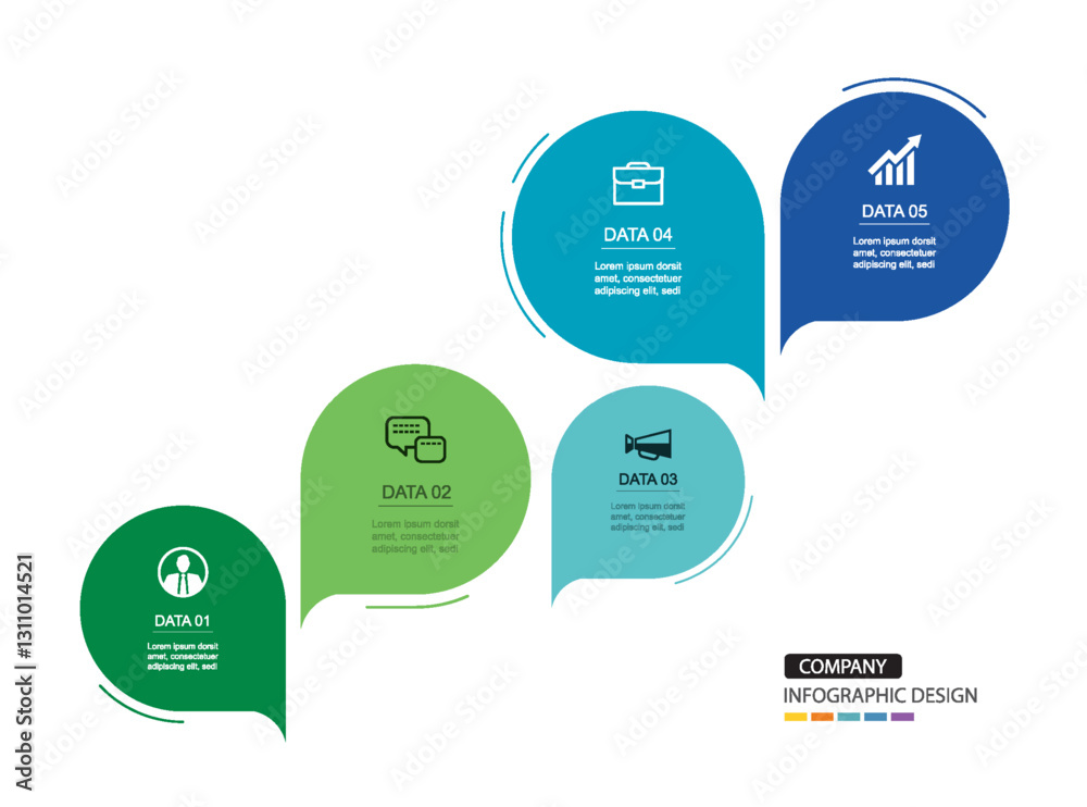 Infographics speech bubbles timeline with 5 number data template. Illustration abstract background.