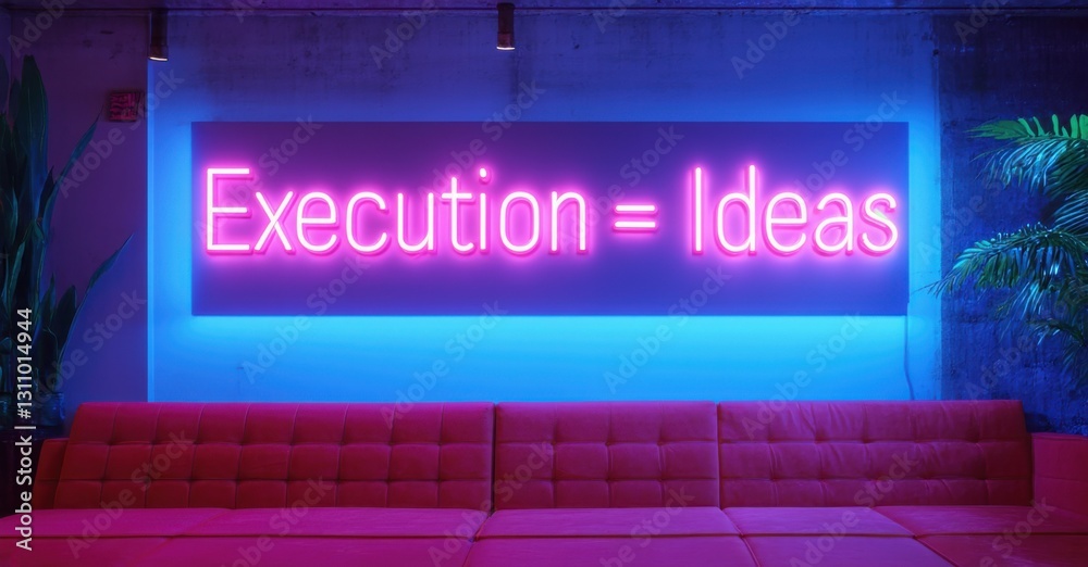 Neon sign execution ideas deep navy bright fuchsia floating inside high performance leadership center softly reflecting off modern decor
