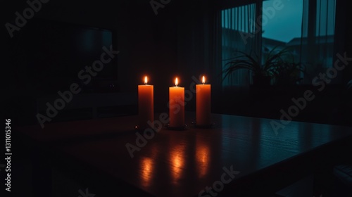 Three candles burning brightly on a dark table, reflecting softly.