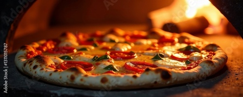 Freshly baked thin crust pizza emerging from wood-fired oven , savory, fresh out photo