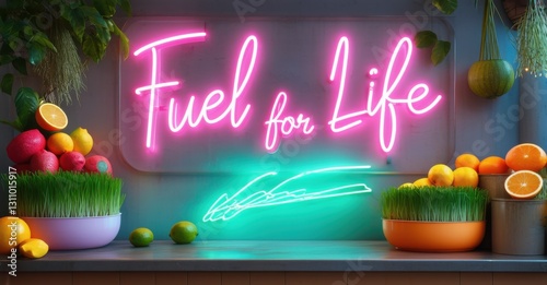 Neon sign fuel for life radiant fuchsia warm mint floating inside vibrant smoothie lounge surrounded wheatgrass trays citrus icons photo