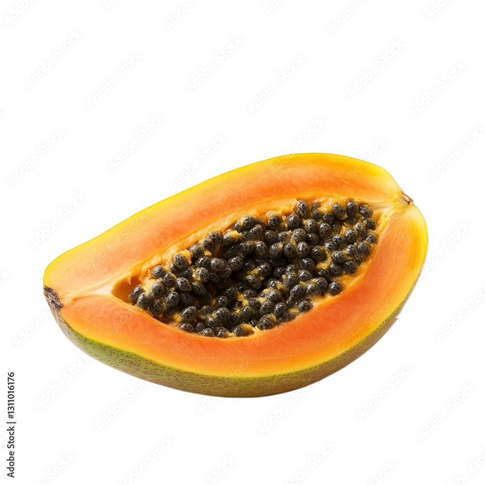Fresh papaya fruit cut in half isolated on white background, tropical superfood with seeds, healthy eating, organic produce, vitamins and nutrition benefits. Fresh papaya fruit cut in half isolated on white background, tropical superfood with seeds, healthy eating, organic produce, vitamins and nutrition benefits.