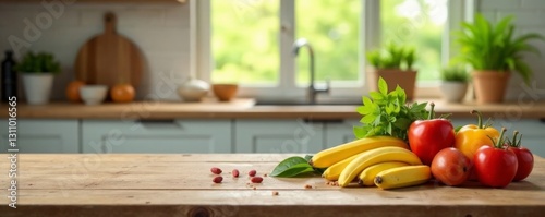 Simple wooden table with scattered food items on a blurred kitchen window background, , food items