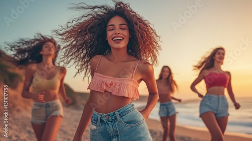 Natural and elegant female models dancing in the sunset