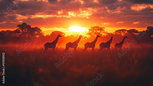 Silhouetted animals gracefully moving across a glowing cloudscape during sunset with ethereal light