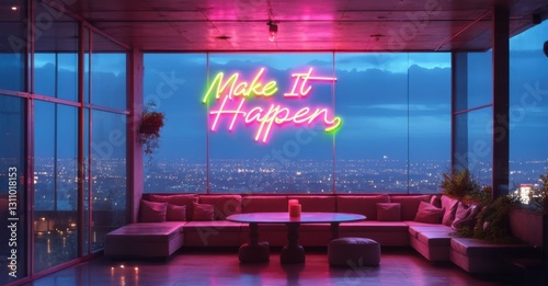 Neon sign make it happen bright lime pink glowing rooftop lounge reflecting glass panels panoramic view of sprawling cityscape