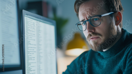 A worker staring at a long list of unread emails, their expression filled with despair, showcasing the overwhelming pressure and stress of an overflowing inbox.
