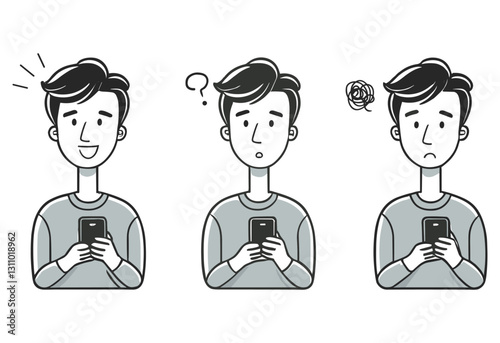 A man is holding a cell phone in his hand. He is looking at the screen with a frown on his face