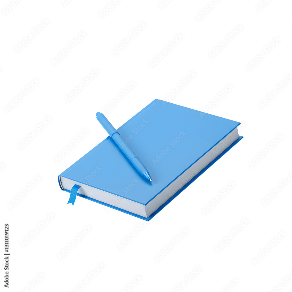 Blue Notebook with a Diagonal Blue Pen Resting on Top, Featuring a Ribbon Bookmark, Isolated on Transparent Background Blue Notebook with a Diagonal Blue Pen Resting on Top, Featuring a Ribbon Bookmark, Isolated on Transparent Background