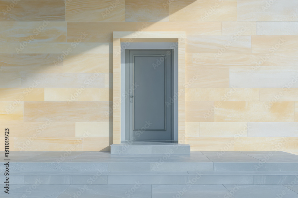 Modern door design on a smooth stone wall during bright daylight Modern door design on a smooth stone wall during bright daylight
