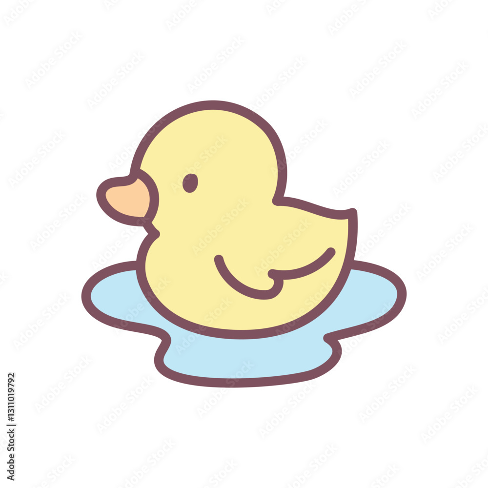 Fototapeta premium Cute duckling icon. Hand drawn illustration of a little yellow duck swimming in water isolated on a white background. Kawaii spring sticker. Vector 10 EPS.